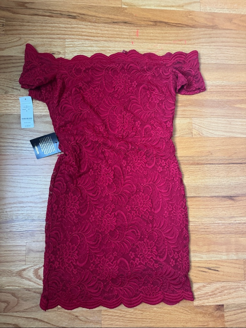 Off-Shoulder Red Lace Dress by Bebe. Size small